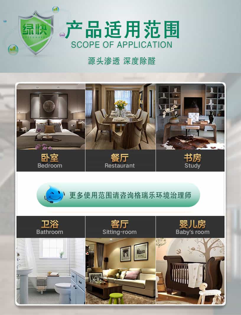 產(chǎn)品適用范圍，SCOPE OF APPLICATION,源頭滲透，深度除醛，臥室，Bedroom,餐廳，Restarant,書房，Study，衛(wèi)浴，Bathroom,客廳，Siting-room,嬰兒房，Baby' room,更多使用范圍請(qǐng)咨詢格瑞樂(lè)環(huán)境治理師