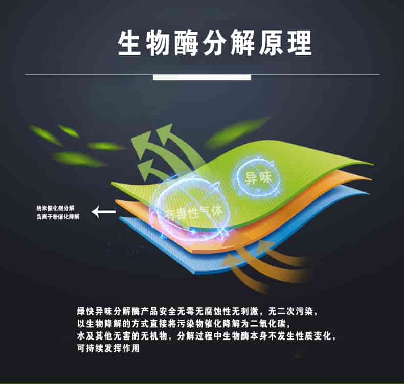 生物酶分解原理，綠快異味分解酶產(chǎn)品安全無(wú)毒無(wú)腐蝕性無(wú)刺激，無(wú)二次污染，以生物降解的方式直接將污染物催化降解為二氧化碳，水及其他無(wú)害的無(wú)機(jī)物，分解過(guò)程中生物酶本身不發(fā)生性質(zhì)變化，可持續(xù)發(fā)揮作用