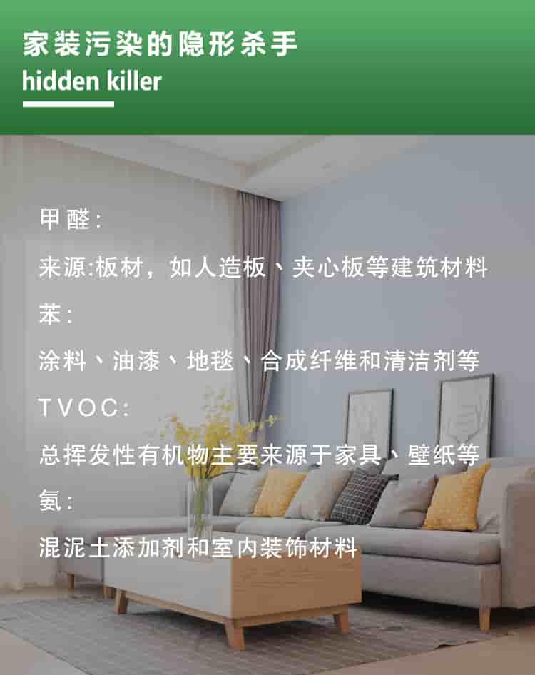 家裝隱形殺手，hidden killer，甲醛來源板材，如人造板材丶夾心板等建筑材料，苯涂料丶油漆丶地毯丶合成纖維和清潔劑等，TVOC總揮發(fā)性有機物主要來源于家具壁紙等，氨混泥土添加劑和室內(nèi)裝飾材料