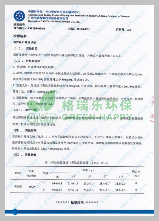 武漢除甲醛,武漢甲醛治理，武漢甲醛檢測,格瑞樂環(huán)保綠快光催化植物生物觸媒中科院口毒性試驗檢測報告