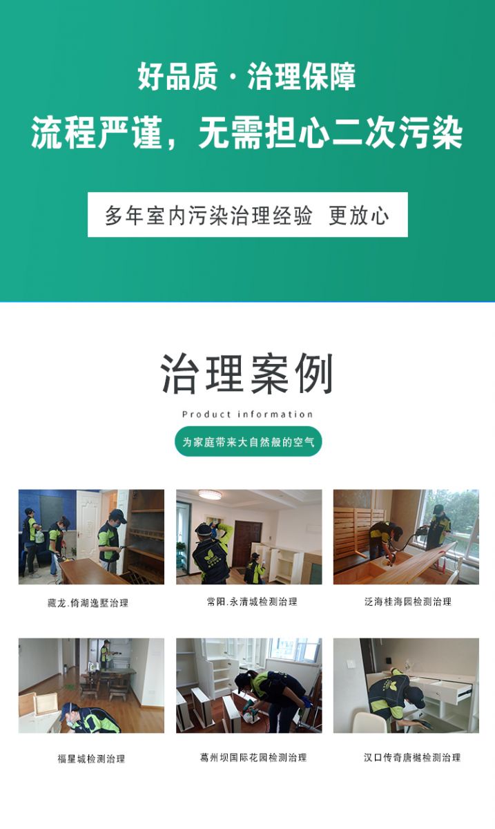 作用原理  好品質·質量保障 流程嚴謹 無需擔心二次污染 多年室內污染治理經(jīng)驗 更放心  治理案例：為家庭帶來大自然般的空氣,藏龍·倚湖逸墅治理 常陽·永清城檢測治理 泛海桂海園檢測治理  福星城檢測治理 葛洲壩國際花園檢測治理 漢口傳奇唐越檢測治理
