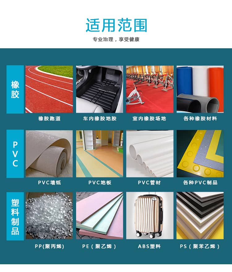 適用范圍專業(yè)治理享受健康,橡膠跑道,車內(nèi)橡膠地膠,室內(nèi)橡膠場(chǎng)地,各種橡膠材料,PVC墻紙,PVC地板,PVC管材,各種PVC制品塑料制品PP(聚丙烯)PE（聚乙烯）ABS（塑料）PS（聚苯乙烯 ）