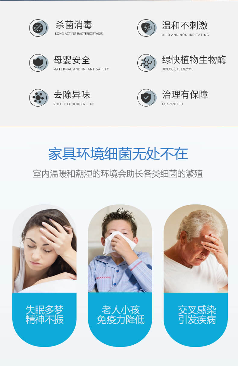 殺菌消毒，溫和不刺激，母嬰安全，綠快植物生物酶，祛除異味，治理有保障，家具環(huán)境細(xì)菌無(wú)處不在，室內(nèi)溫暖和潮濕的環(huán)境會(huì)助長(zhǎng)各類(lèi)細(xì)菌的繁殖，失眠多夢(mèng)，精神不振，老人小孩免疫力降低，交叉感染，引發(fā)疾病